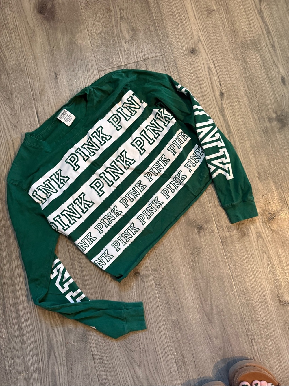 PINK Victoria's Secret Green Crewneck with White Logo Bands